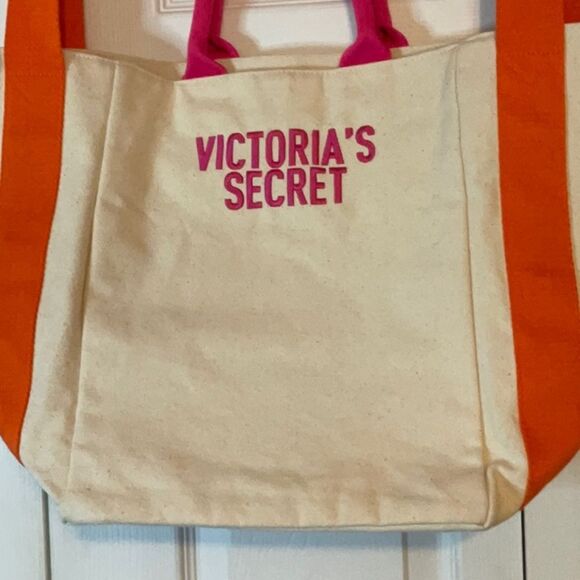 Victoria’s Secret Cream Orange Pink Canvas Tote Weekender Bag New - Picture 3 of 5